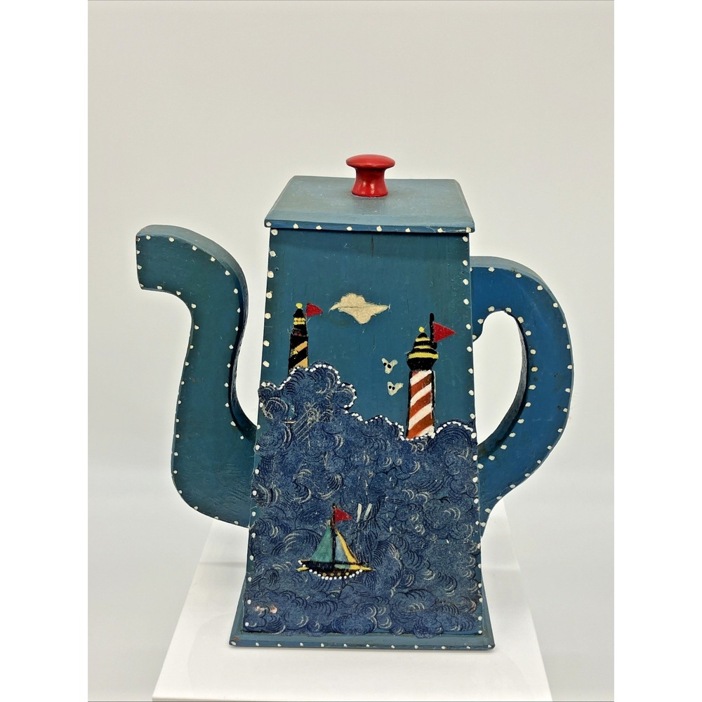 Vtg Wooden Tea Pot Hand Painted Lighthouse Storage Box‎ Nautical Kitschy Cottage